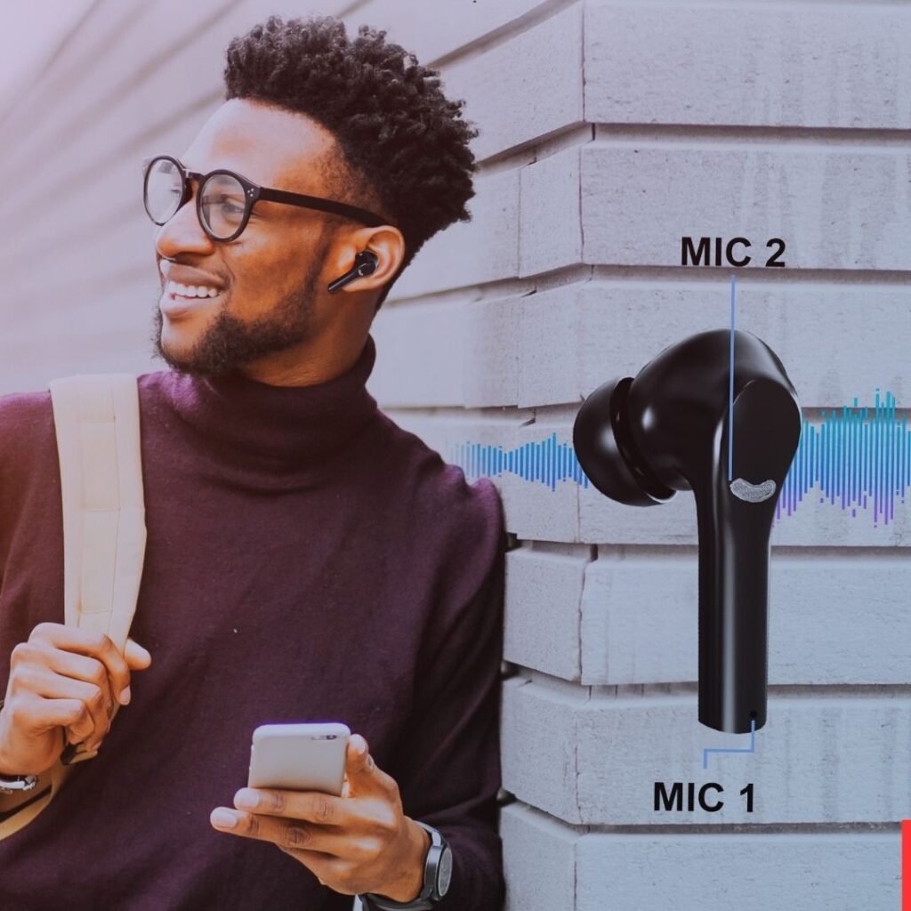 Man on phone with Vibe-Tech Earbuds