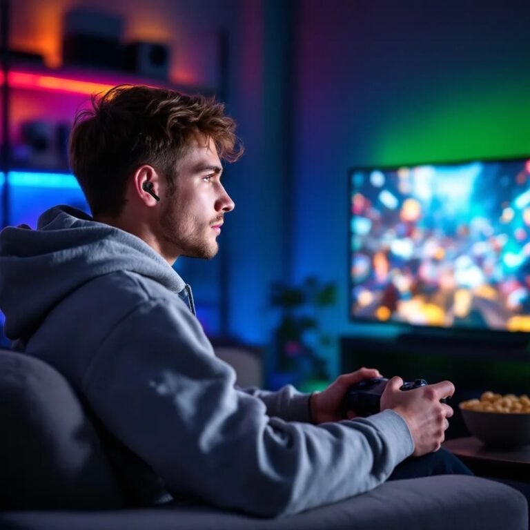 man playing game using Vibe-Tech Wireless Earbuds