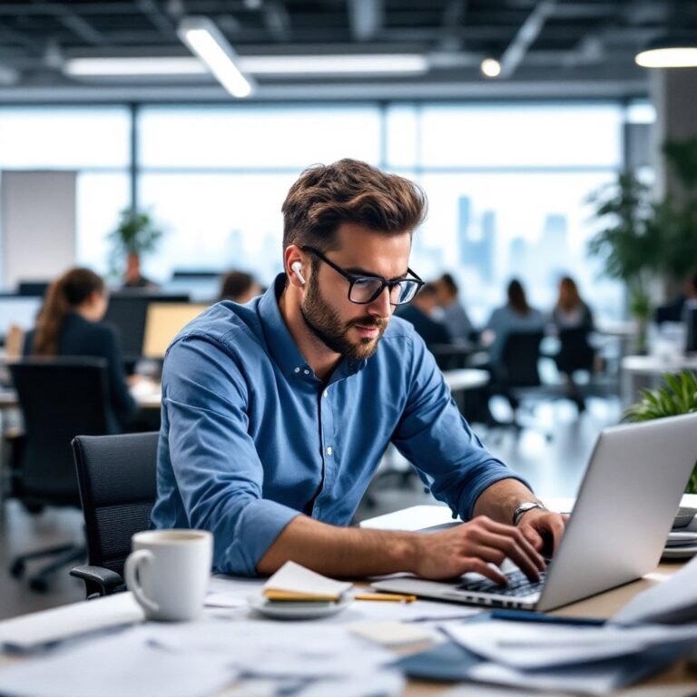 man working in office using Vibe-Tech Wireless Earbuds