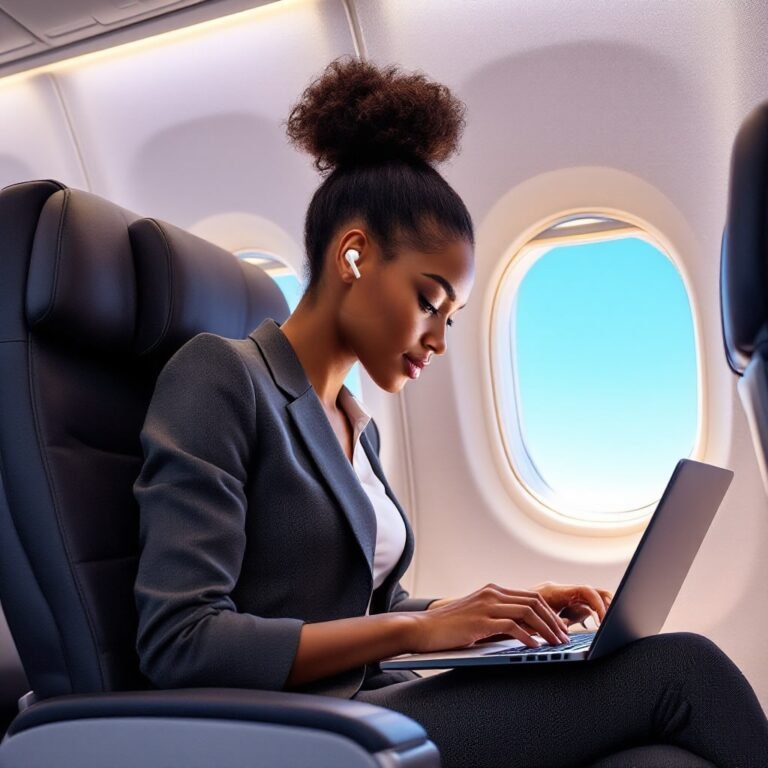 Woman on plane using Vibe-Tech Wireless Earbuds
